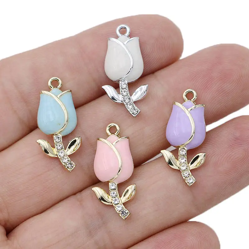 10Pcs Gold Plated Crystal Enamel Rose Flower Charm Pendant Jewelry Making Necklace Earrings Accessories DIY Handmade Craft