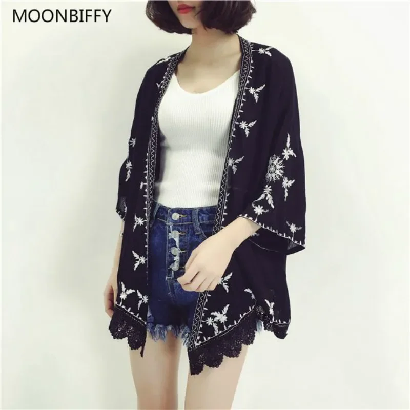 Maternity Ethnic Boho Kimono Cardigan Vintage Floral Embroidery Cardigan Girl Red Black White Cardigans Maternity Women Summer