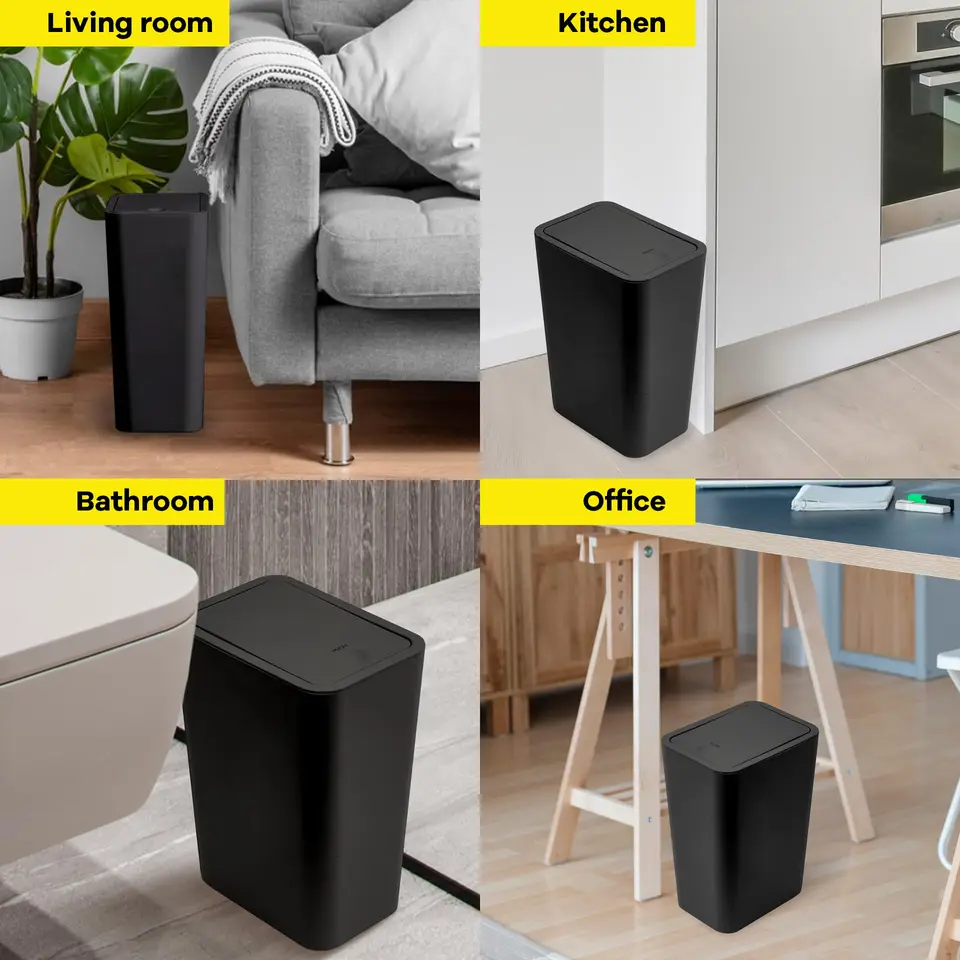 Small Bathroom Trash Can With Press Lid – Pop-Up Garbage Bin For Toilet, Office, Bedroom | 13.1x8.7x6.2 Inches, Black Plastic