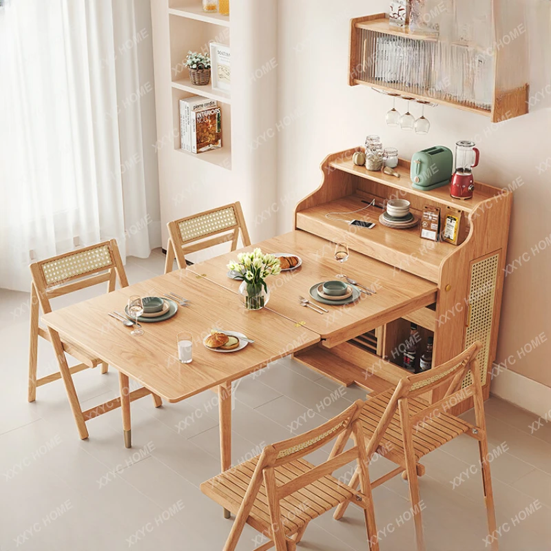 

Dining Table Folding Storage Belt Sideboard Cabinet Integrated Multifunctional Solid Wood Invisible Retractable Small Apartment