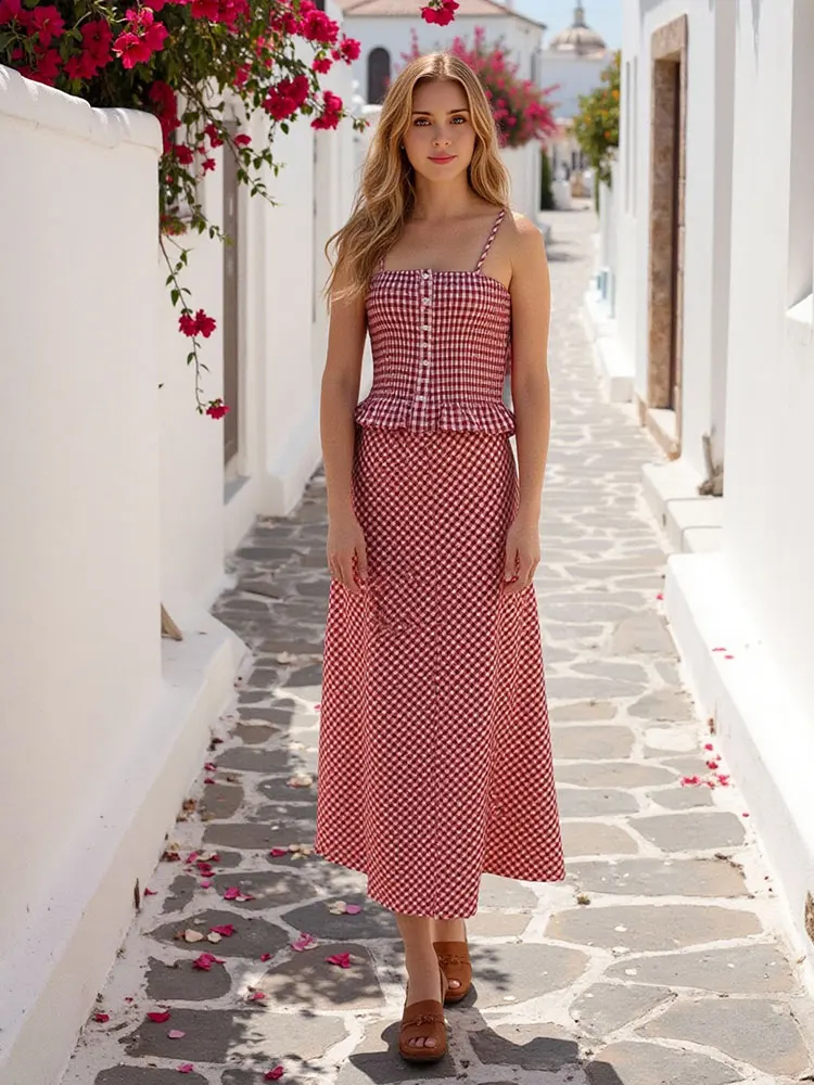 HH Women Elegant Red Plaid Skrit Sets Short Sling Top Camis High Waist Midi Skirts Summer Casual Holiday Beach Outfits