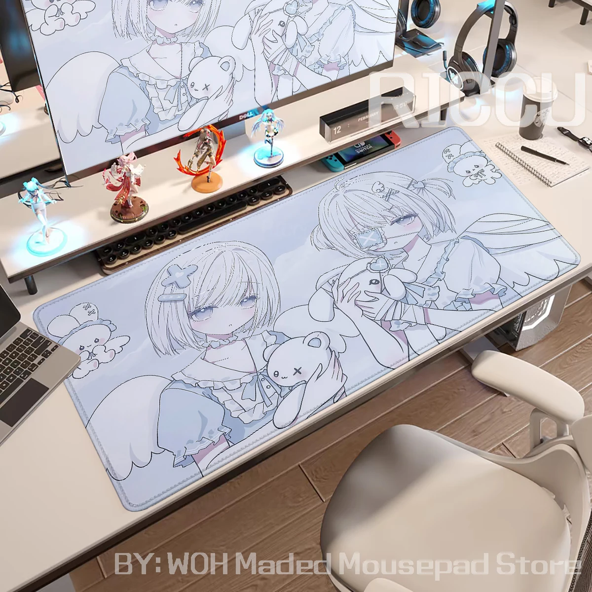 Cartoon-Mädchen-Mauspad, XXL, rutschfest, für Büro, Computer, Schreibtischunterlage, blauer Engel, mädchenhaft, niedliches Mauspad, erweitertes Tischpad, Gaming-Zubehör