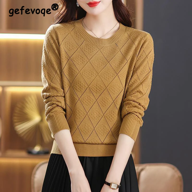 

Women Korean Fashion Hollow Elegant Basic Knitwears Spring Autumn Female Casual Long Sleeve Pullover Tops Loose All Match Jumper