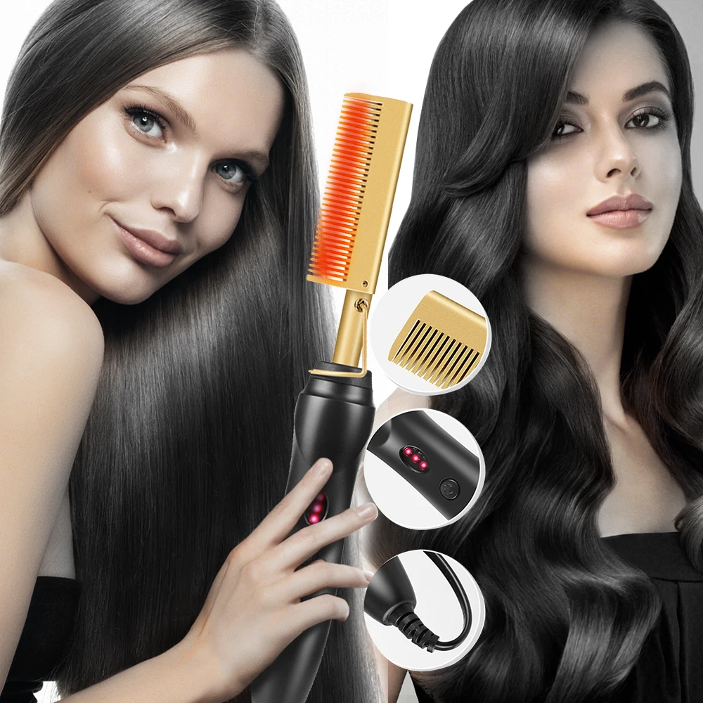 Description Picture 3 of item2 in1 Hot Comb Hair Straightener Electric Heating Comb Fast Heating Portable Travel Anti-Scald Beard Straightener Press Hot Comb