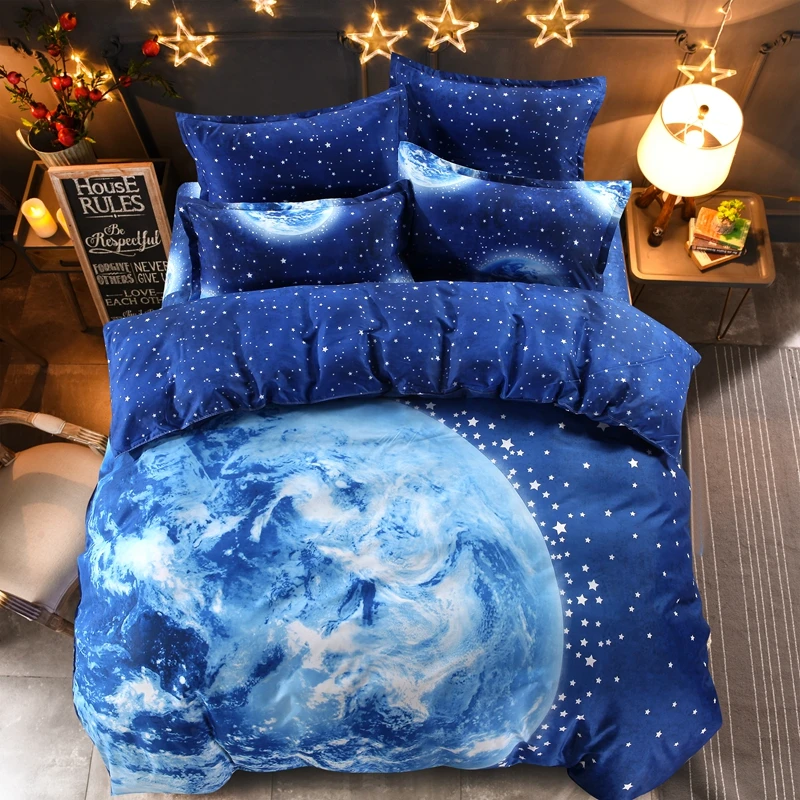 

4pcs Blue Planet Stars Bedding Set AB Side Quilt Cover / Duvet Cover Bed Flat Sheet and Pillowcases Set Home Textile Bedclothes