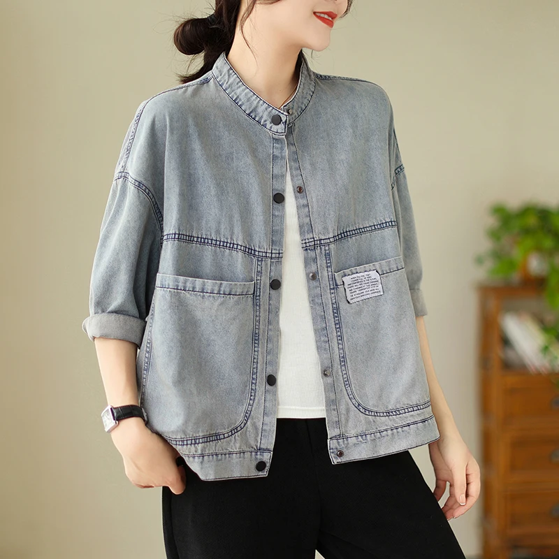 Korean Style Fashion Pregnant Woman Denim Jacket with Large Pockets Autumn Vintage Maternity Coats Button Fly Long Sleeve Coat