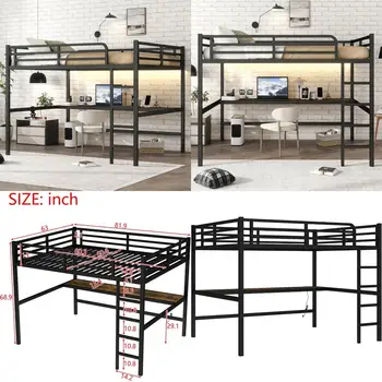 queen size bellemave loft bed with desk, suitable for adults, kids, and teens, metal frame, black 1
