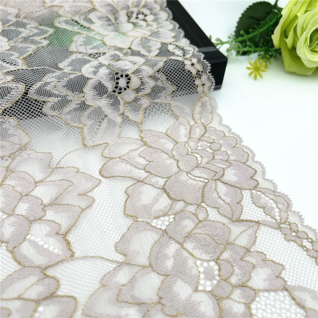 3y/lot Width 21cm Pale Lilac Gold Elastic Lace Trim For Lingerie Sewing Craft DIY Apparel Fabric Lace Wedding Garment Material 2