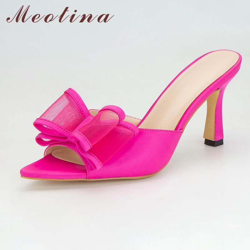 

Meotina Women Slides Pointed Toe Thin High Heels Slippers Bow Sandals Sexy Design Ladies Fashion Party Shoes Summer Rose Red 41
