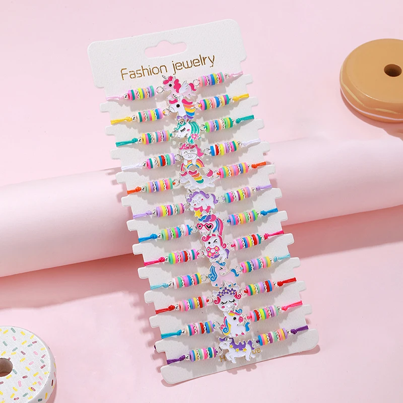 12Pcs/set Cute Cat Colorful Rope Rainbow Unicorn Charm Bracelets For Women Girls Birthday Christmas Jewelry Friendship Gift