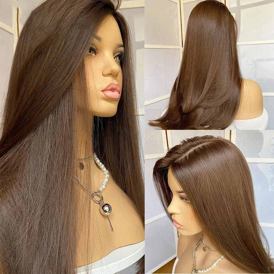Human Hair Wig Soft Long 28inch Brown Silky Straight 5x5 Silk Base Jewish Human Hair Wig Glueless BabyHair HD Lace European Hair Preplucked Wig