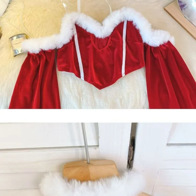 Sexy Strap Off Shoulder Petal Sleeve Patchwork Top With Ruffle Elastic Waist Shorts Erotic Women's Red Lingerie Slim Fit Pajamas