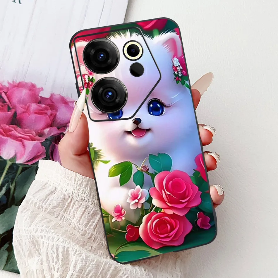 Tecno Camon 20 Premier Elegant Floral Cat Design Black Silicone Phone Case