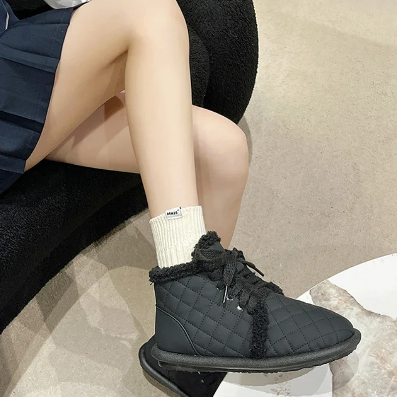 

Female Shoes Ankle Booties Black Elegant with Low Heels Lace-up White Laces Round Toe Ladies Snow Boots Boot Gothic Comfrtable