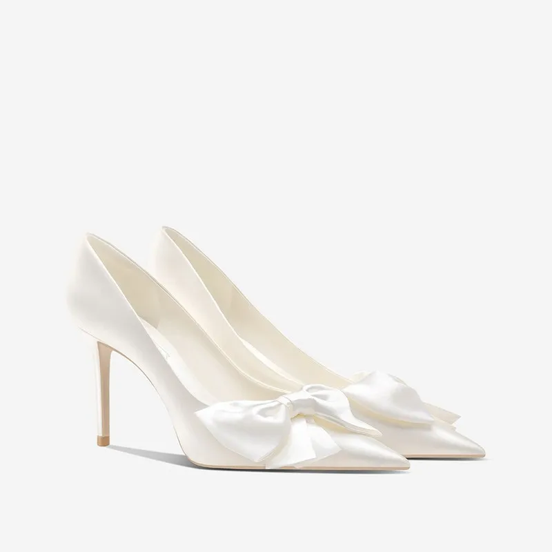

French White Satin High Heels Wedding Shoes Bridal Bow Single Shoes Women