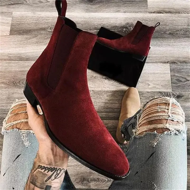 Chelsea Boots Men Wine Red Black Faux Suede Business Low-heeled Handmade Fashion men chelsea boots
