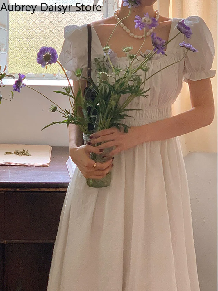 

Elegant Vintage Midi White Dress Women OL Square Collar High Waist Y2k Dress Female Casual Slim Puff Sleeve Evening Party Dress