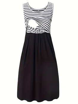 Maternity Nursing Sleeveless Mini Dress Stripe Splicing Comfortable Maternity Wear for Pregnant Women