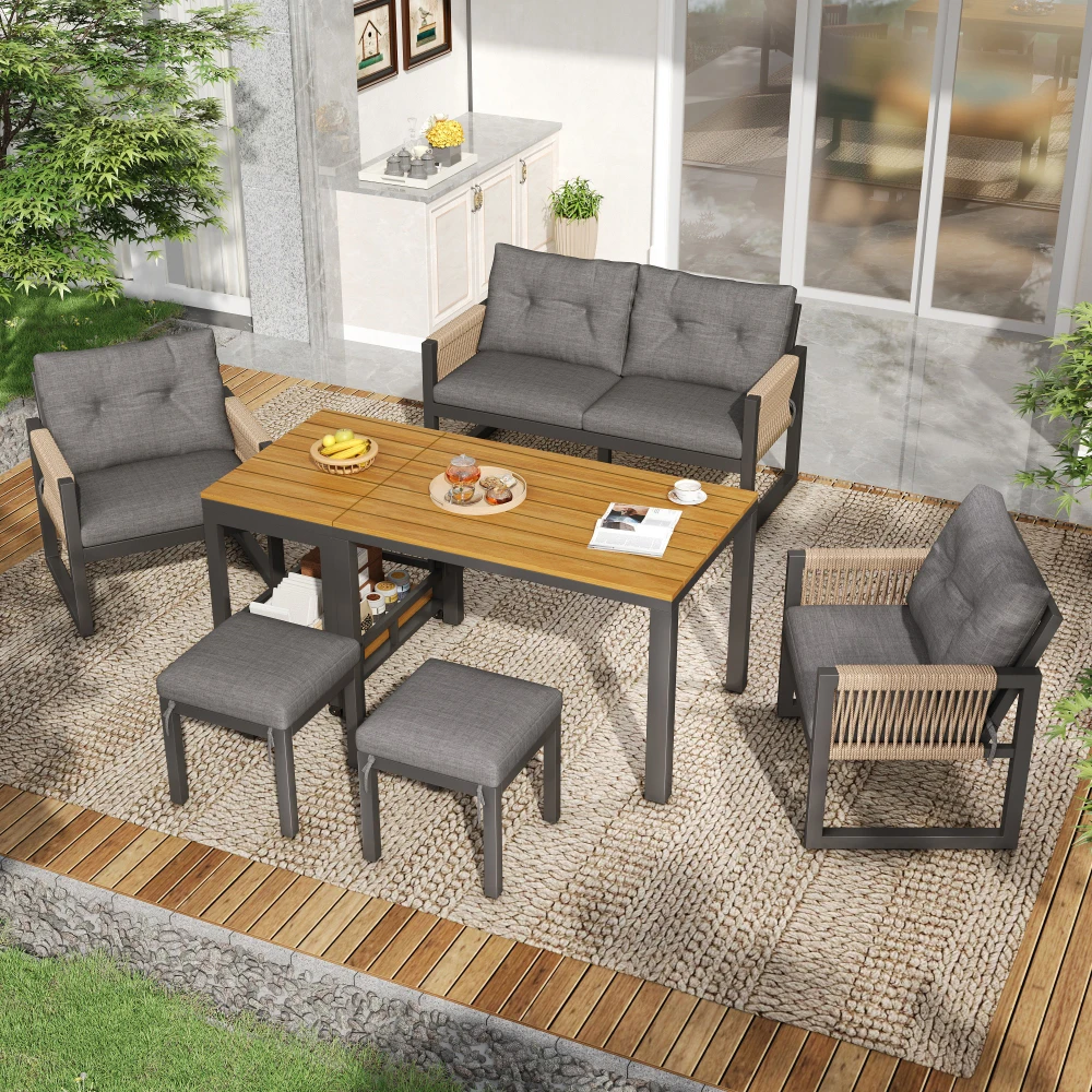 Modernes Outdoor-Mehrsitzer-Sofa-Set mit Eisenrahmen, Geflochtenen Armlehnen, Weichen Sitzkissen & Multifunktionalem Tisch – Detail 11