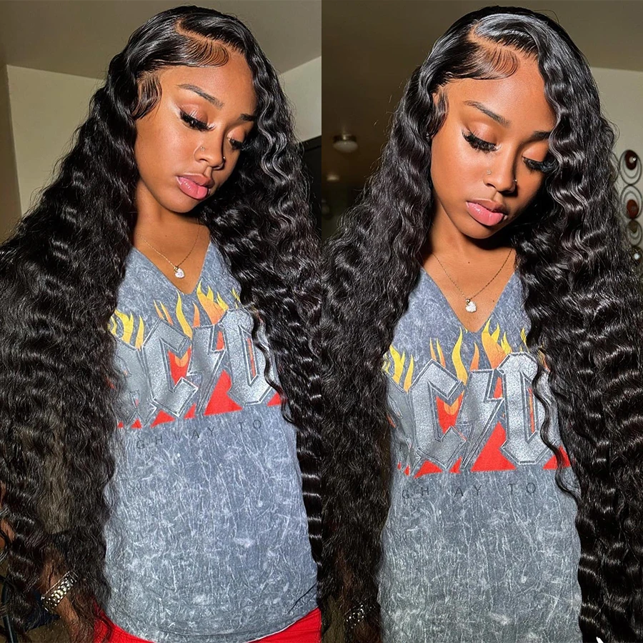 

13x4 Deep Wave Natural Black Peruvian Remy Hair Wig 180% Density Transparent Glueless Lace Frontal Wigs For Black Women