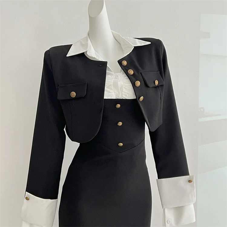 Y2K 3-piece Set Women Crop Coat Blazer White Shirt Halter Sleeveless Bodycon Midi Dress Autumn New Female Korean Chic Outfits