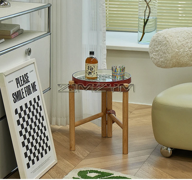 Description Picture 4 of itemRound Side Table with 40cm Ceramic Tray, Wood Stand End Table for Small Spaces, Nightstand for Living Room, Bedroom