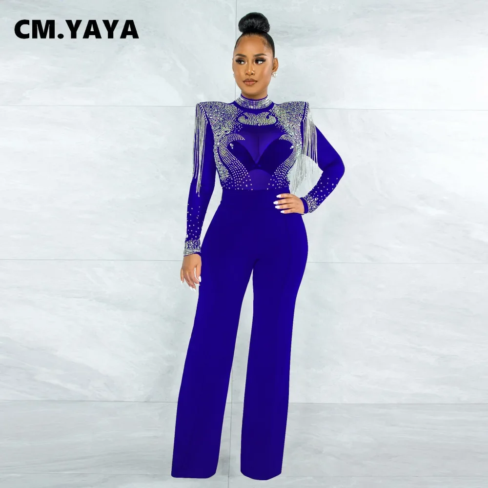 CM.YAYA Women Jumpsuit Solid High Collar Hot Drill Mesh Shoulder Cotton Long Sleeves Long Straight Jumpsuit Sexy Party Outfits 3