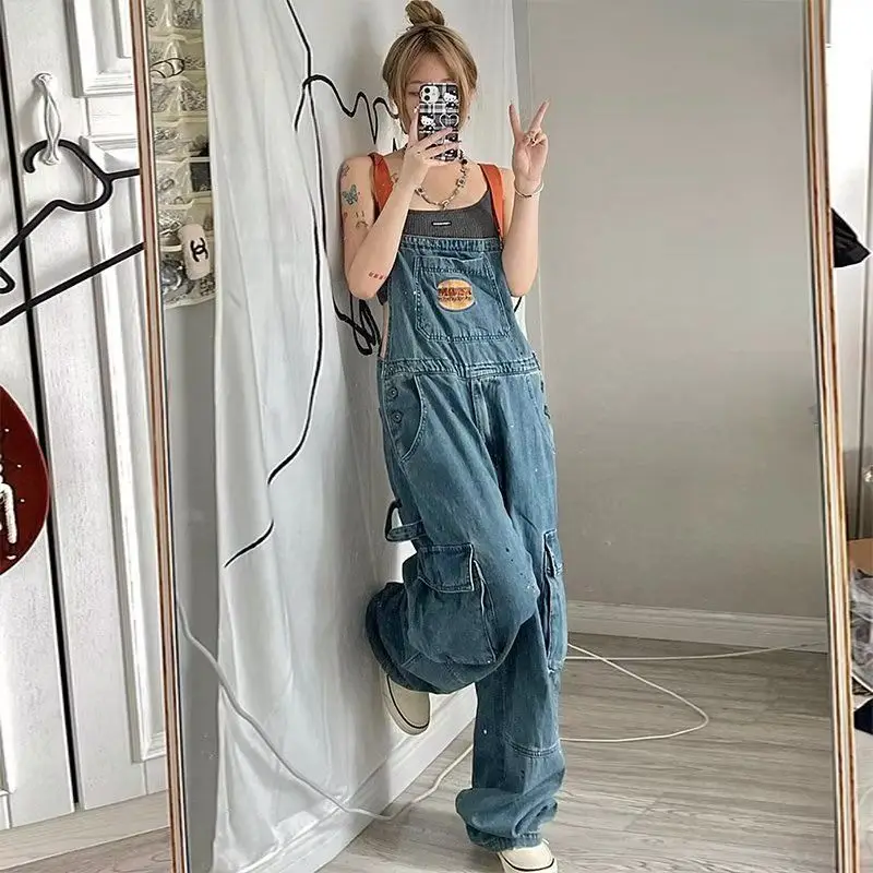 Style Embroidered Denim Strap Jumpsuits Spicy Ink Cool Girl Women'S Autumn/Winter Large Loose And Slim Retro One Piece Pants