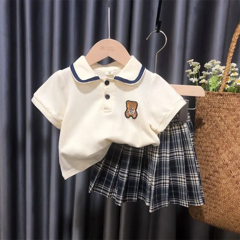 

Children's Skirt Set Summer Girl Baby Short Sleeve Polo T-shirt Short Skirt 2-Piece Fashion Girl Pleated Skirt JK Set