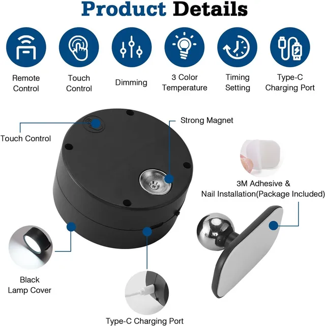 2 Applique Da Parete LED RGB - Ricaricabili, Touch Control, 360&deg; Regolabili Con Batteria E Adesivo 3M