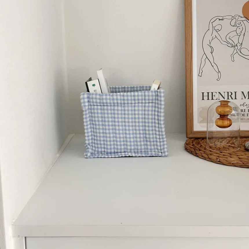Ins Plaid Quilted Fabric Desktop Storage Box Underwear Socks Storage Basket Dormitory Sundries Storage Basket 4