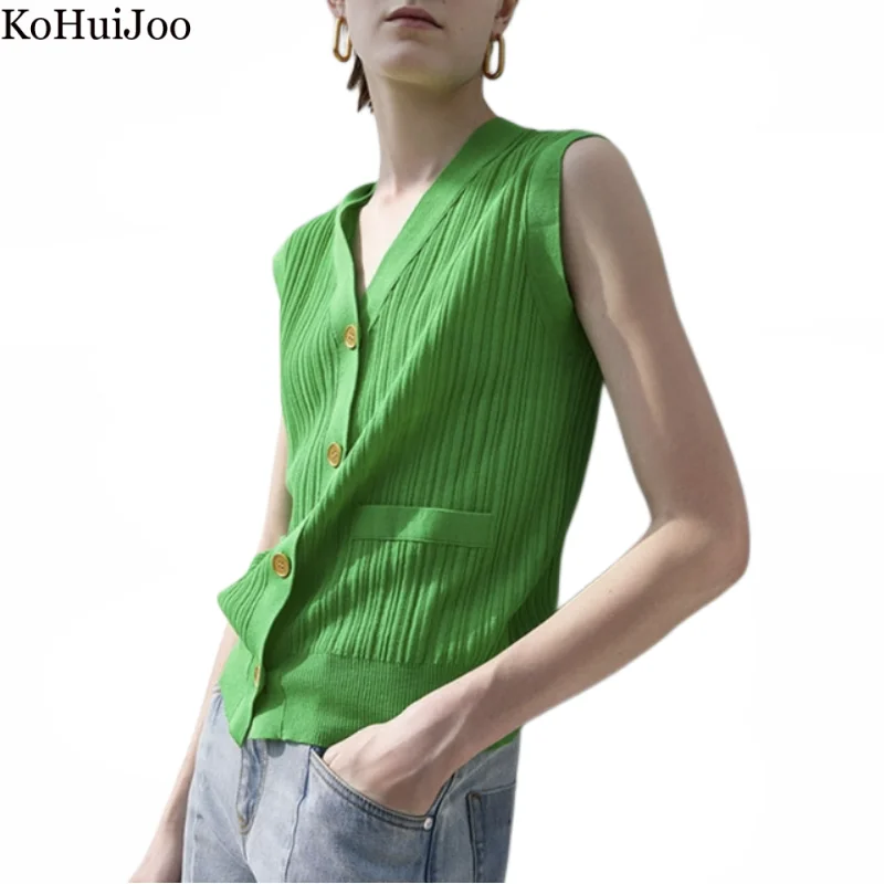 

Kohuijoo Summer Slim Sleeveless Knitted Tops Women Sweater Vintage Vest Single Breasted Slim Button Oversize Female Sueter