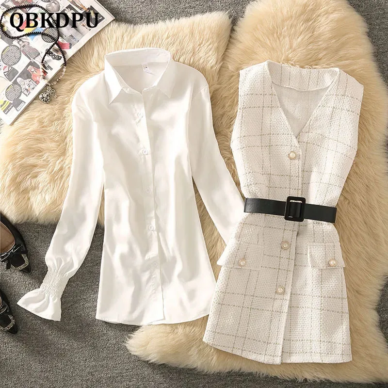 

Элегантный клетчатый твидовый жилет средней длины, винтажный женский костюм из жилета с V-образным вырезом и расклешенными рукавами в Корейском стиле