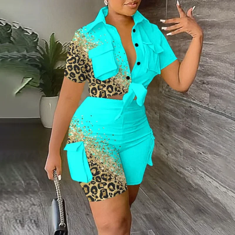 Women's Two-piece 2023 Summer New Fashion Commuter Women's Shirt Short Sleeve Shorts Print Set Women Clothing Shorts for Women