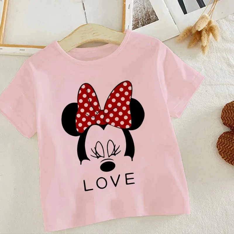 Disney Series Mickey Minnie Anime Clothes T-shirt Boy Girl Casual Summer White Pink Cotton Children's Clothing Baby Kawaii Tees 5
