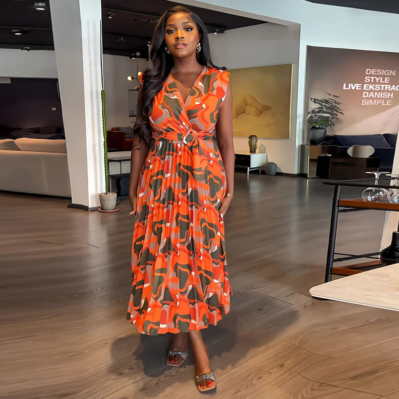 

African Women Pleated A-line Dress 2023 Elegant Office Lady Sleeveless Robe Africaine Summer African Female Midi Dresses Vestido
