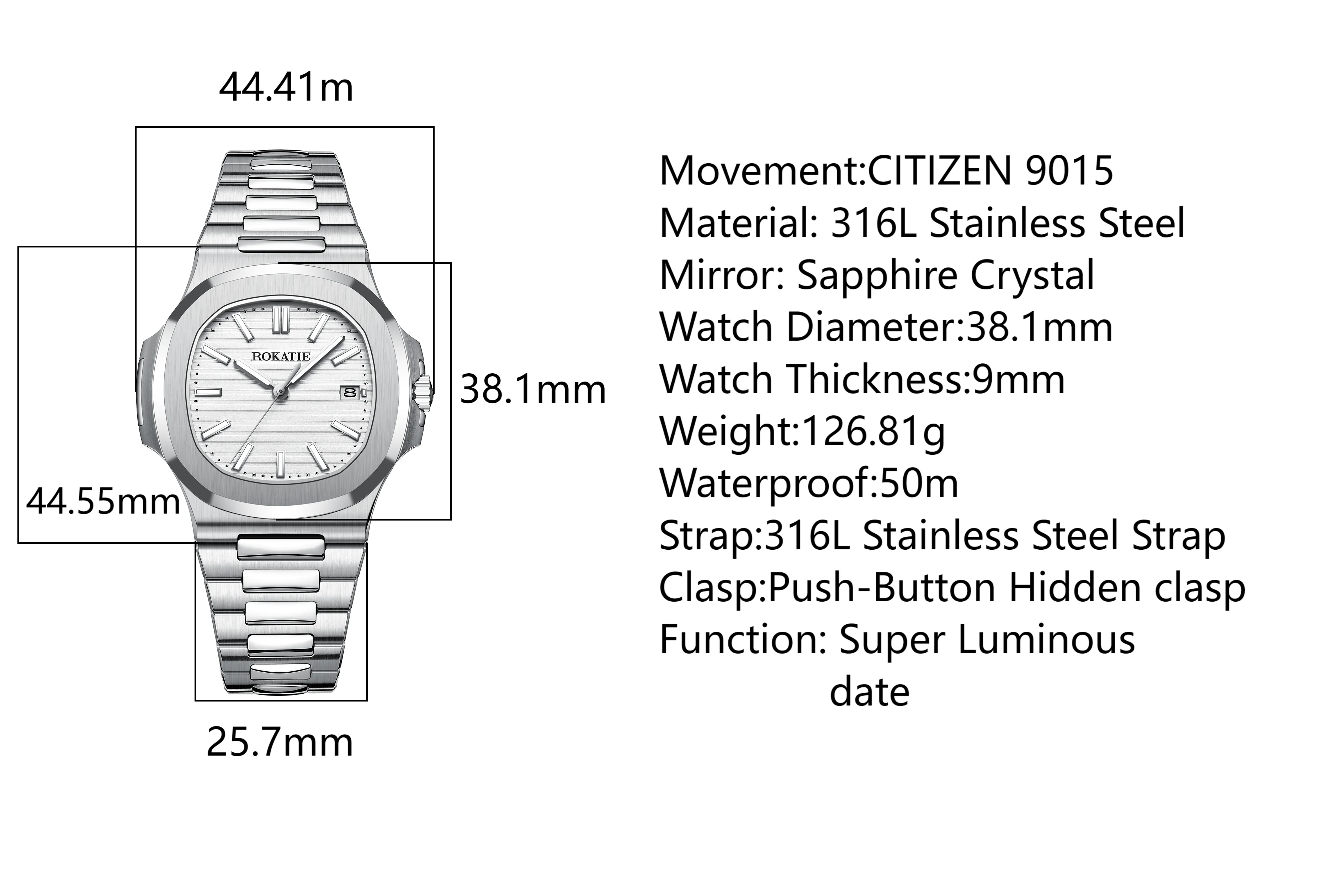 ROKATIE 2024 Luxury 9015 Japanese Movement Stainless Steel Watch 38mm Case Luminous Feature Day 50m Waterproof New Release 6