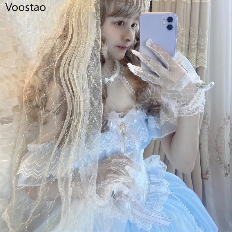 Sweet Lolita Princess Party Dress Vintage Victorian Women Elegant Mermaid Flower Wedding Dresses Girly Lace Pearls Mesh