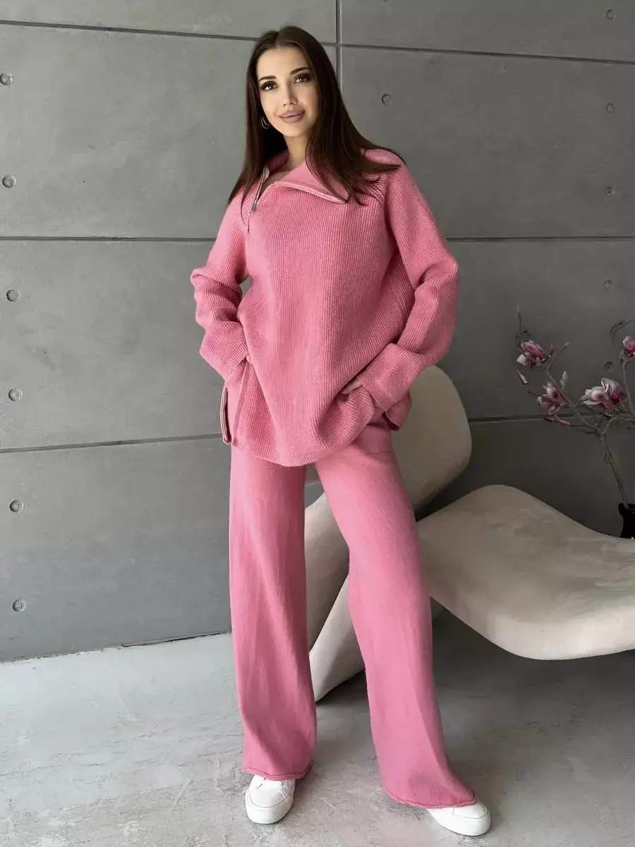 Knit Zipper Women's Pants Sets For Women Slim Lapel Long Sleeve Pullover And Patchwork Straight Legg 2 Piece-Set Winter