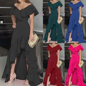 2024 Independent Station AliExpress Amazon European and American Style V-neck Ruffle Edge Irregular Elegant Dress