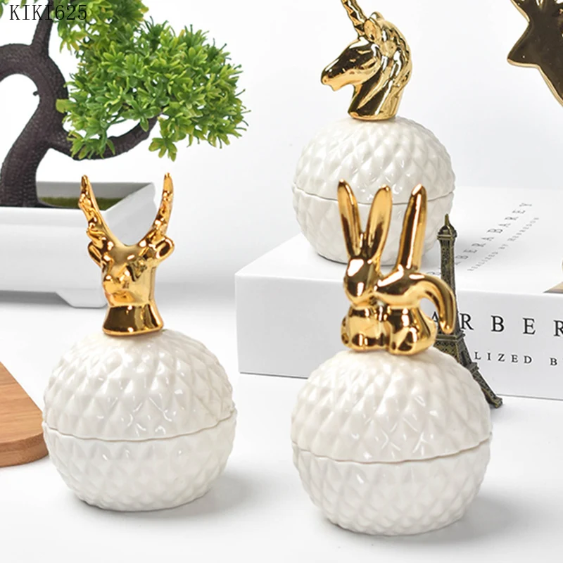 Ceramic Storage Jar European Ceramic White Storage Jar Golden Animal Jewelry Box Household Round Candy Small Object Storage Jar Exquisite Decoration