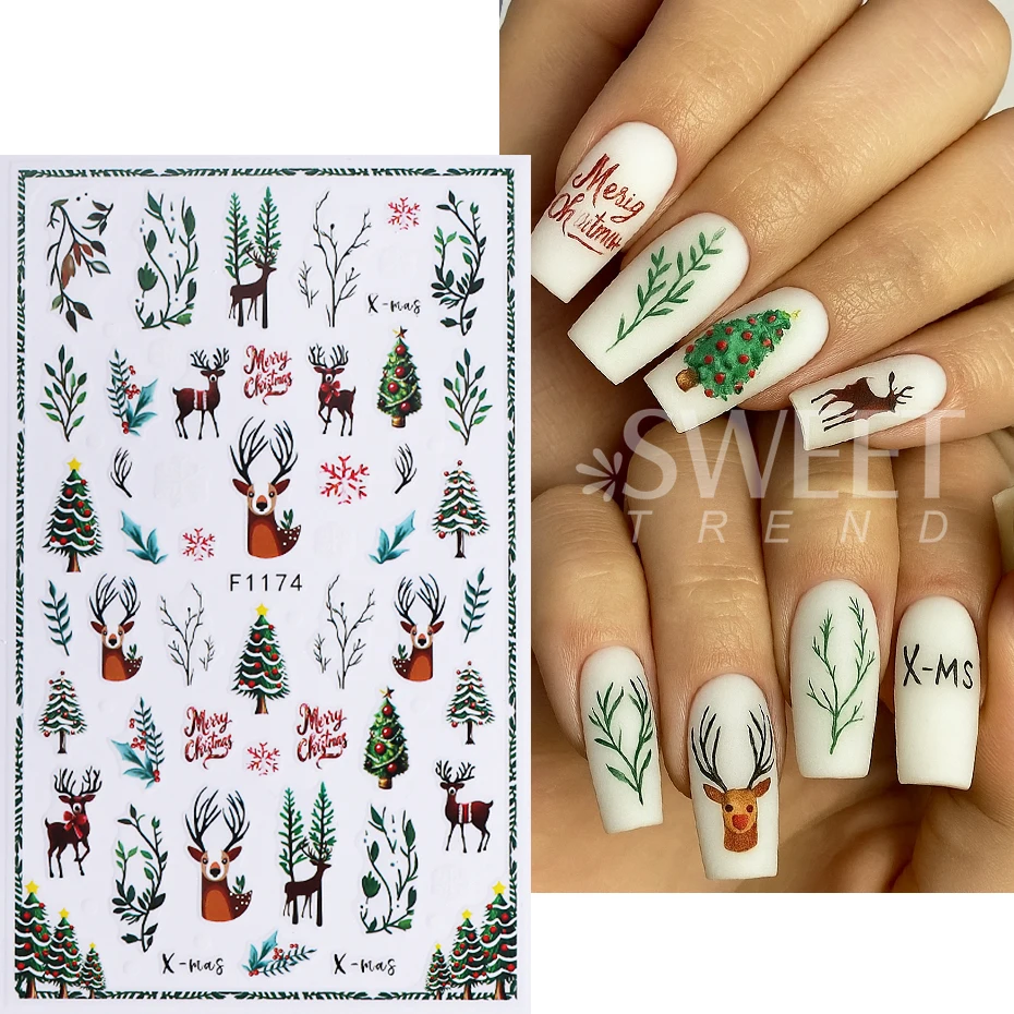 5pcs Christmas Nail Stickers 3D Cartoon Santa Claus Snowman Elk Xmas Tree Nail Slider Decals DIY Winter Gift Manicure Decoration