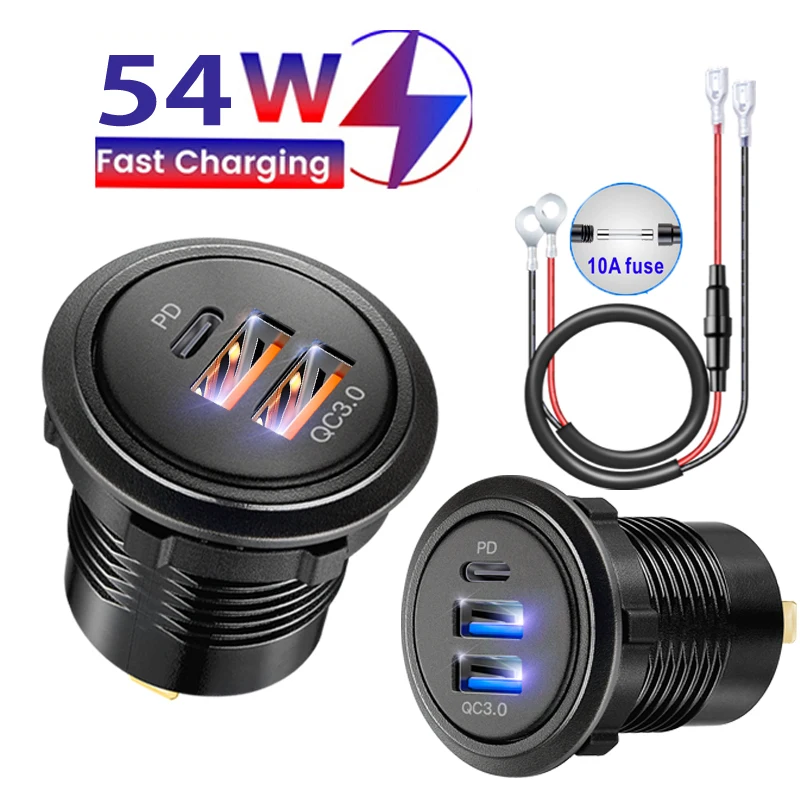 

12v automotive usb car socket Type C Car Charger adapter QC3.0 Dual Ports 60W USB C Triple for 12V 24V Motorcycle Boat Marine