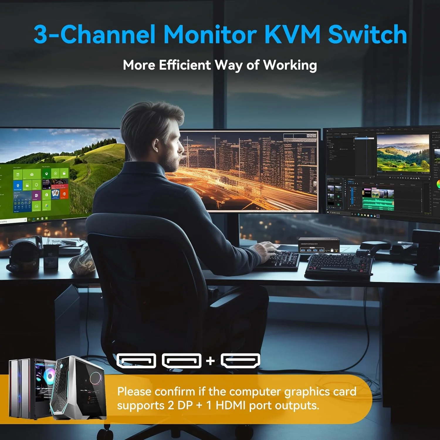 Monitores Triplos Comutadores Kvm para Computador Portas Displayport e Hdmi Portas Monitores Usb 3.0 4k120hz 8k60hz - Imagem 6