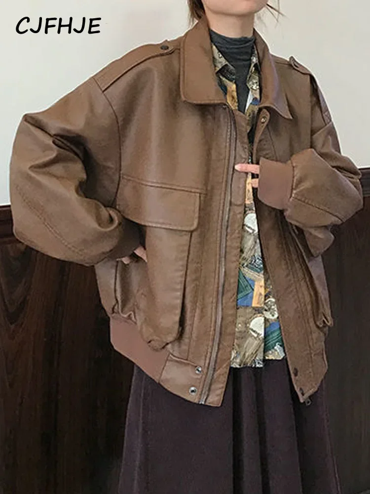 CJFHJE Streetwear Oversize Black Leather Jacket Women Fashion Pu Zipper Biker Jacket Female Loose Warm Pocket Faux Leather Coat