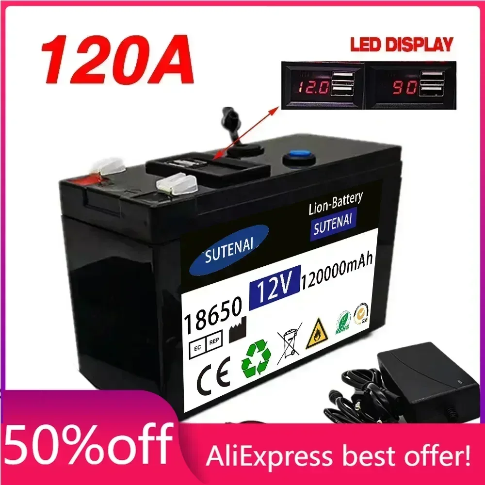 

12V Battery 120Ah 18650 lithium battery pack Rechargeable battery for solar energy electric vehicle battery+12.6v3A charger