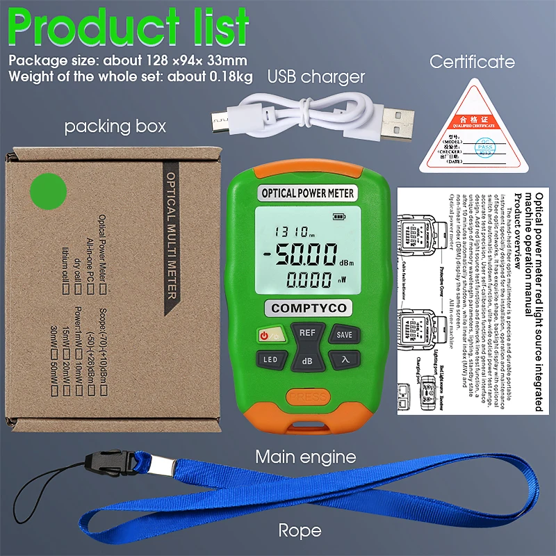 COMPTYCO Mini 2 in 1 Optical Power Meter OPM Optical Fiber Tester with LED Lighting -50+26/-70+10dbm(Optional) AUA-DC5/DC7