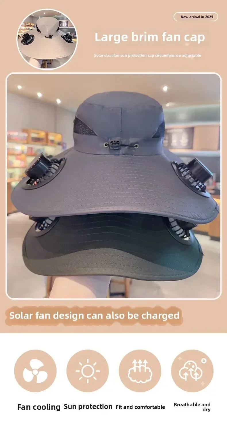 Description Picture 2 of itemMultifunction Double Fan Solar Hat UV Protection Breathable Fisherman Cap Summer Outdoor Rechargeable Fan Suitable for fishing