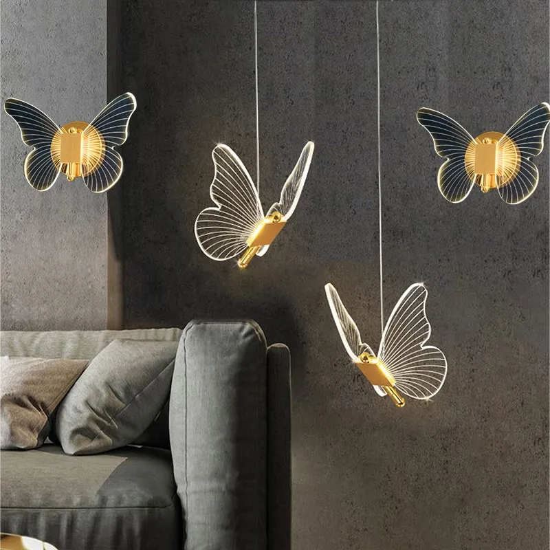 

Modern LED Pendant Lights Gold Butterfly Hanging Lamps Acrylic Sconce For Bed Bedroom Living Rooms Illumination Luminaire Lustre