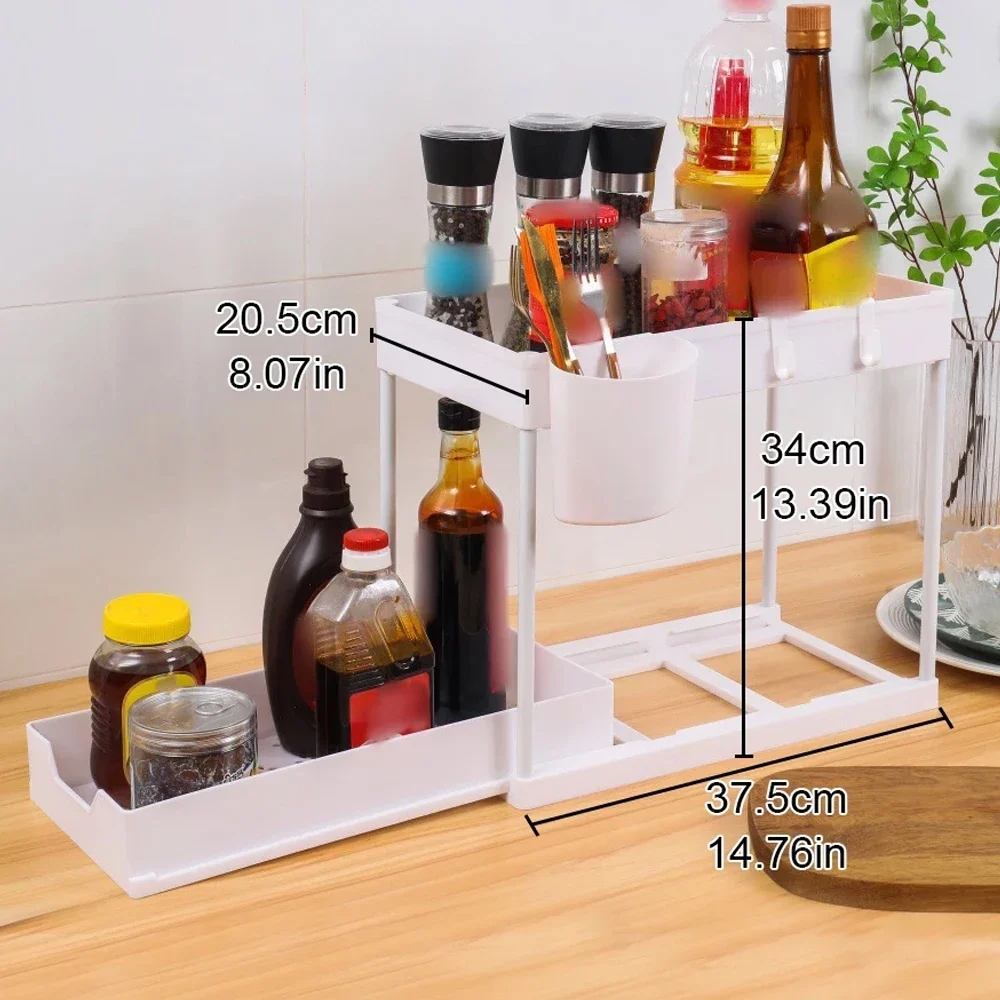 2 Tier Pull Out Organizer Under Sink for Kitchen Spices Bathroom Cosmetics Living Room Table Storage Desktop Cabinet Rack